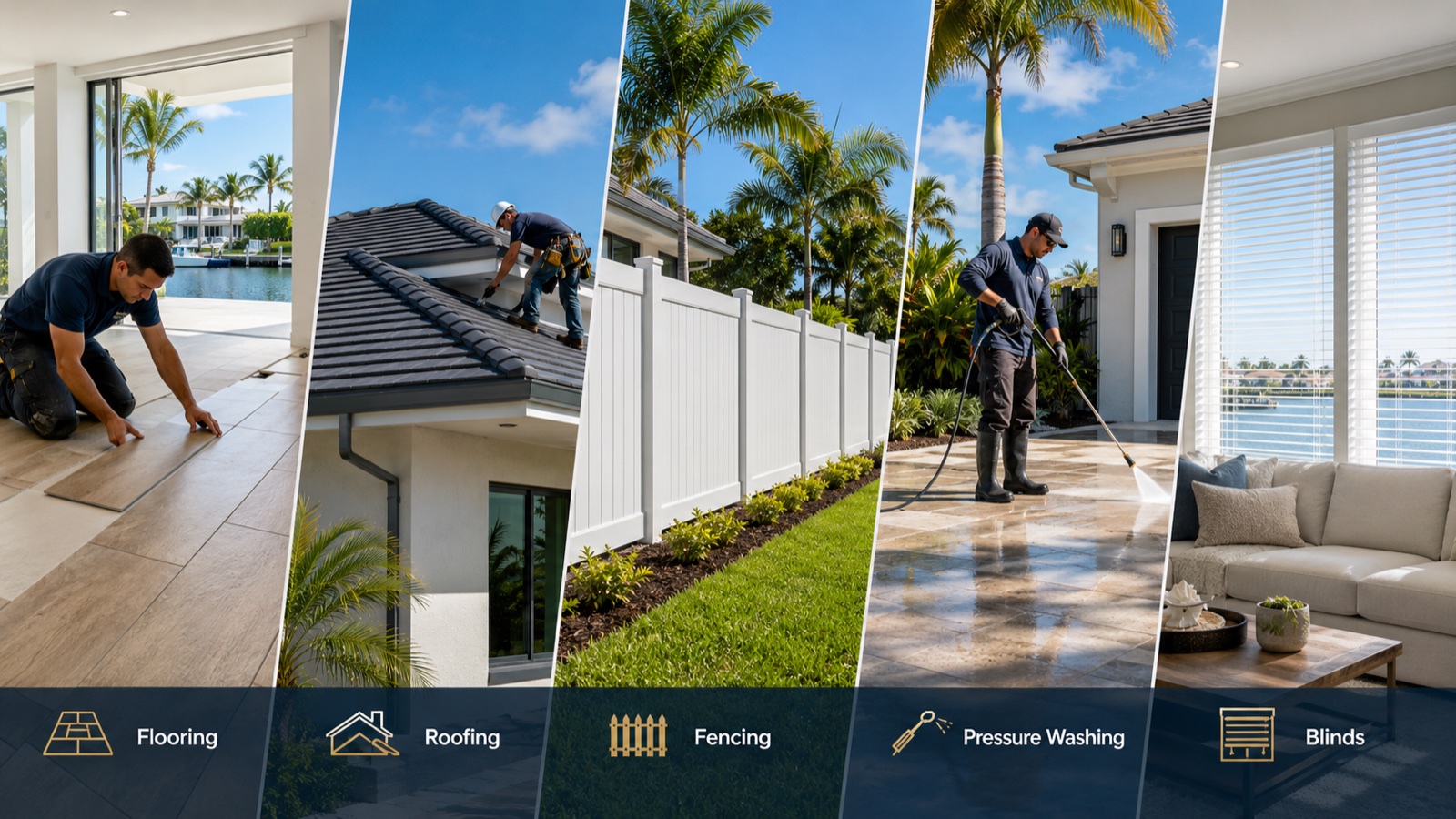 The five Mnknd & Co. services: Flooring, Roofing, Fencing, pressure washing, and Blinds