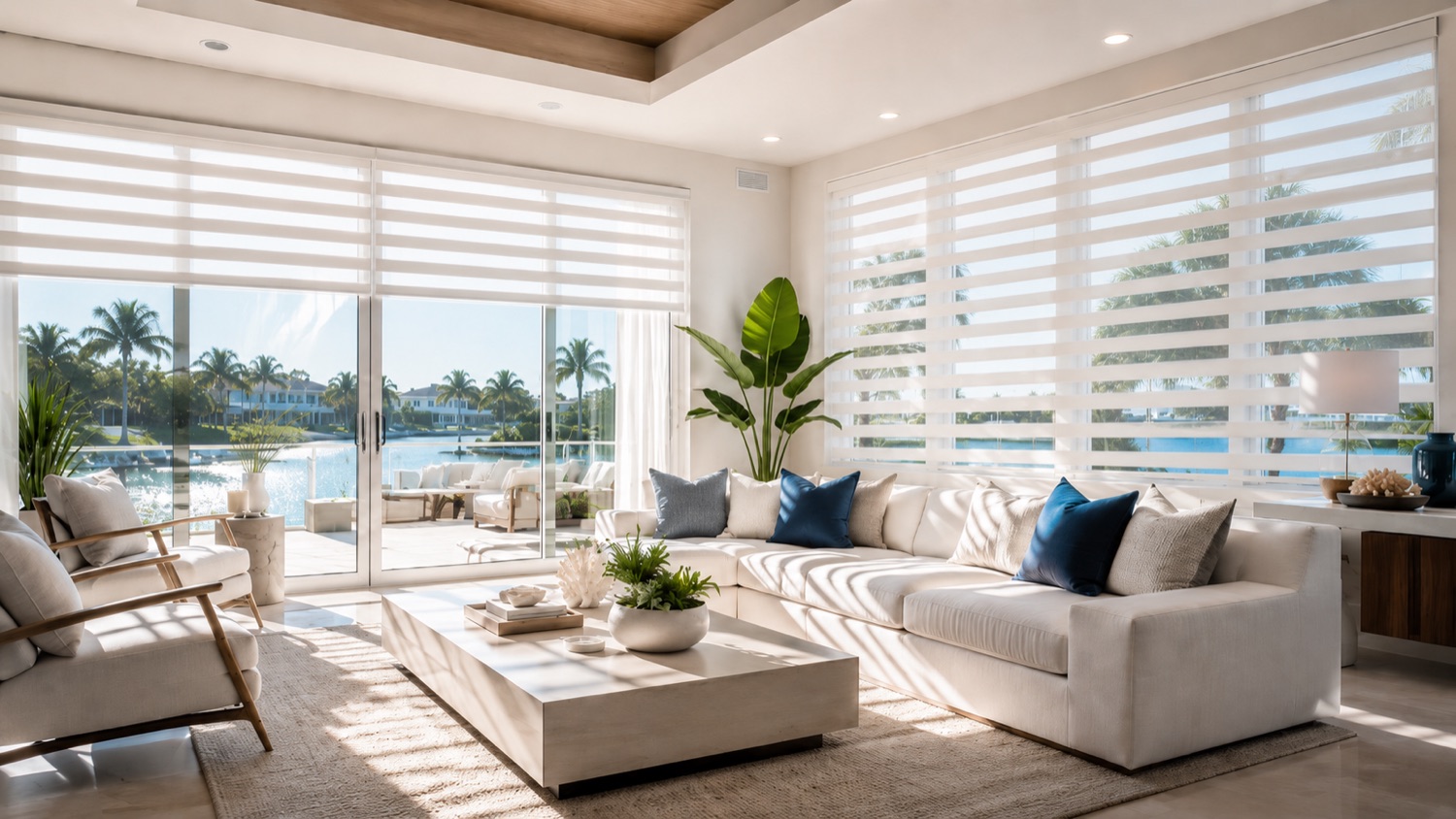 Zebra shades in a bright waterfront living room