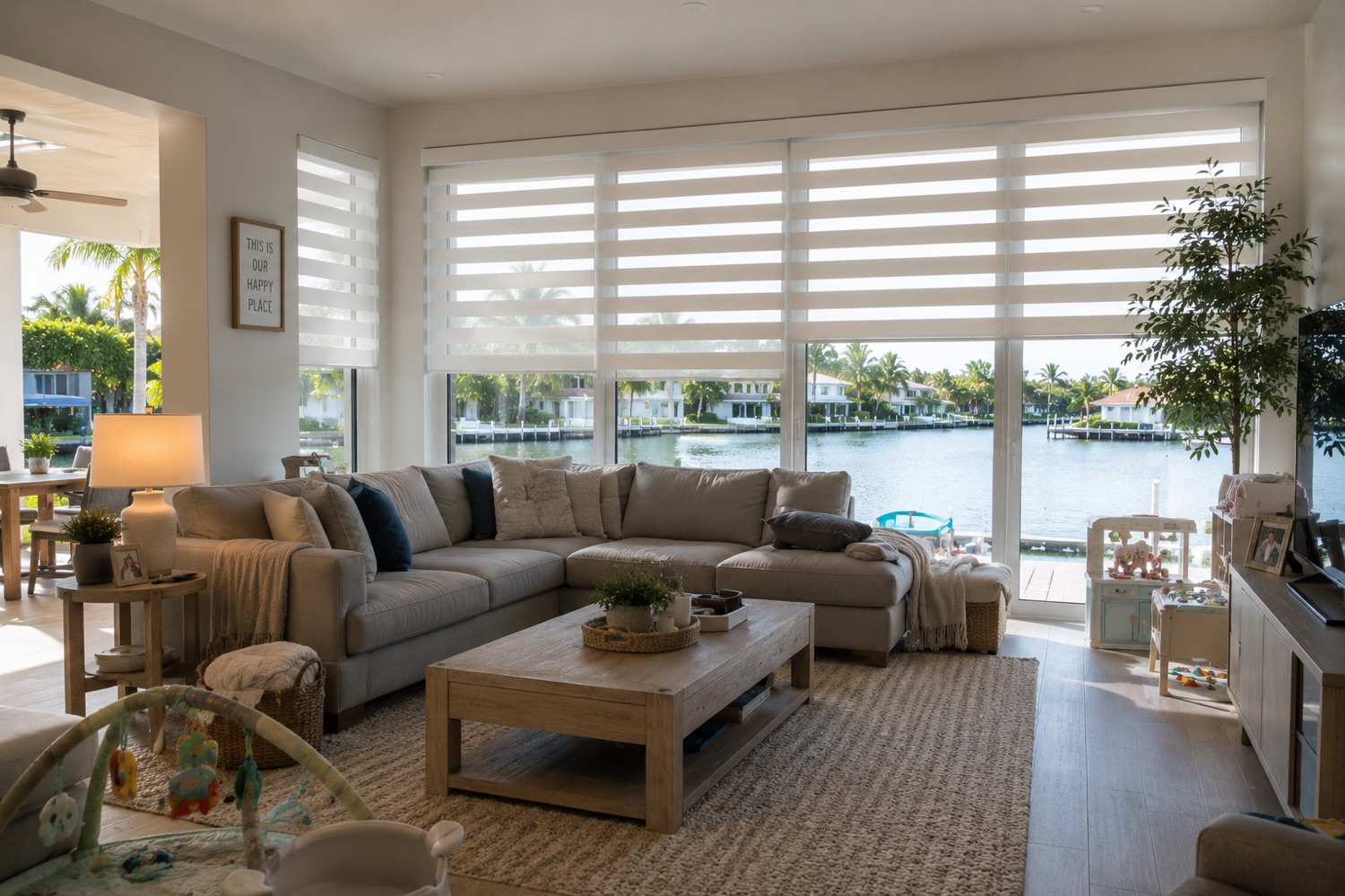 Custom zebra shades in a waterfront living room