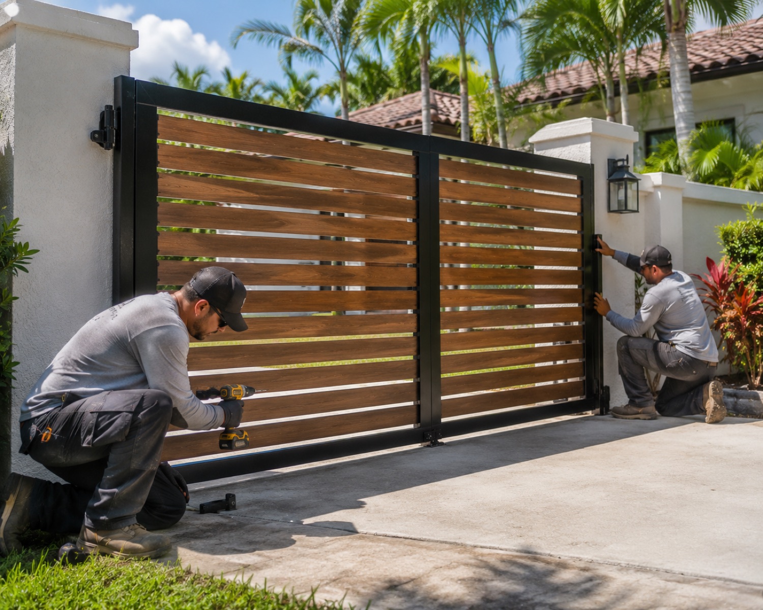Custom wood and metal driveway gate installation