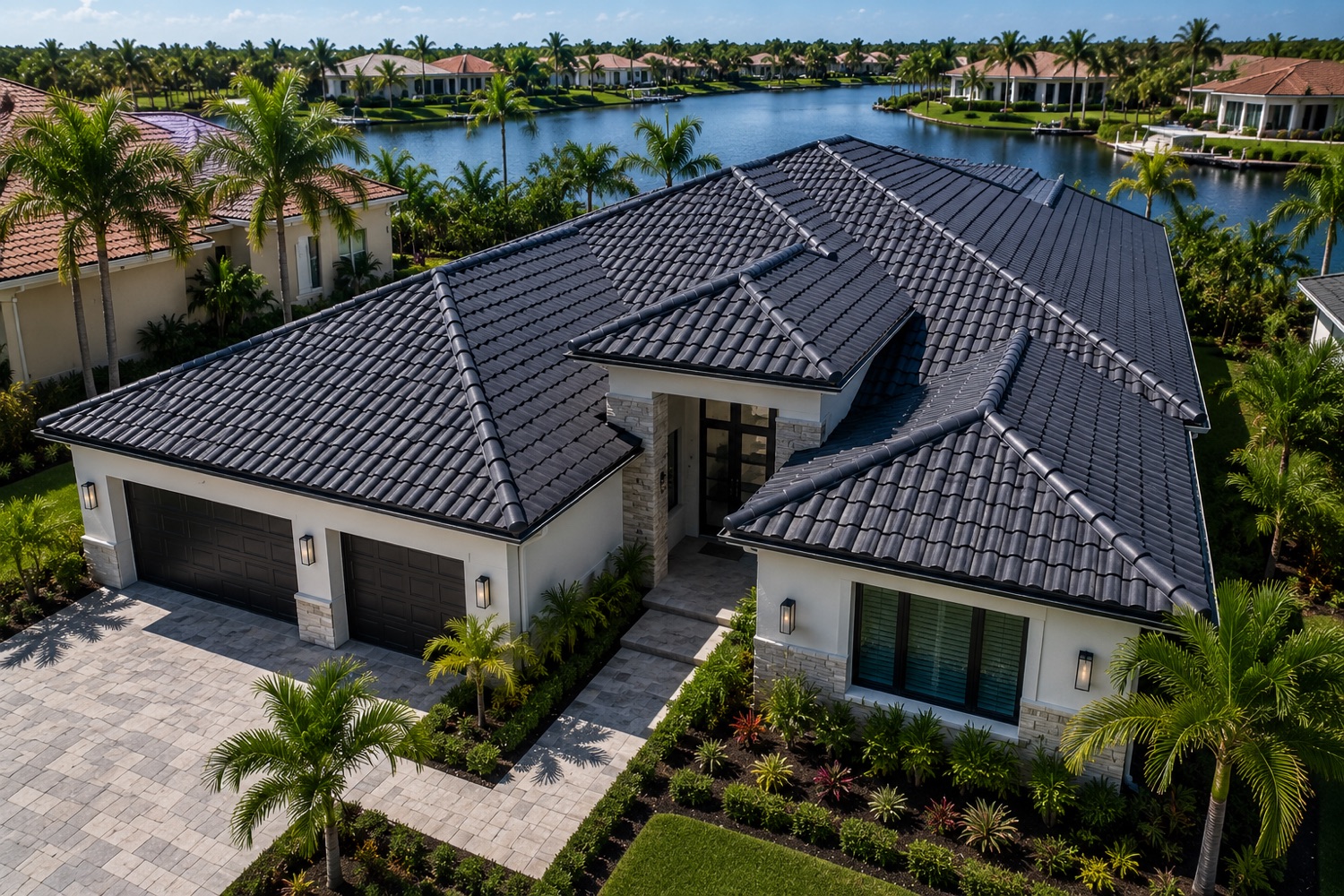 Newly installed tile roof on a luxury South Florida home