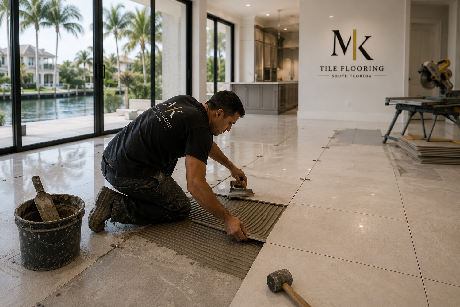 Tile installer at work in a waterfront home