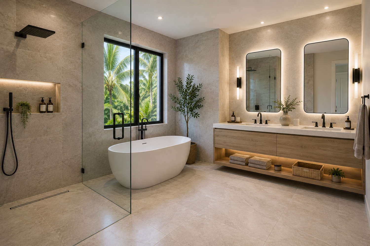 Large-format tile in a modern bathroom